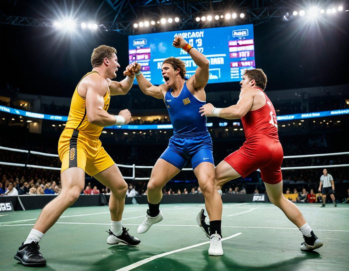 A dynamic wrestling scene capturing athletes in action with intense expressions, showcasing diverse techniques and strategies. Include an audience cheering in the background, with vibrant colors highlighting the energy of the match. The athletes should be wearing colorful, modern wrestling attire. Add a scoreboard displaying a close score to emphasize competition. super-realistic. vibrant colors. high-energy atmosphere.