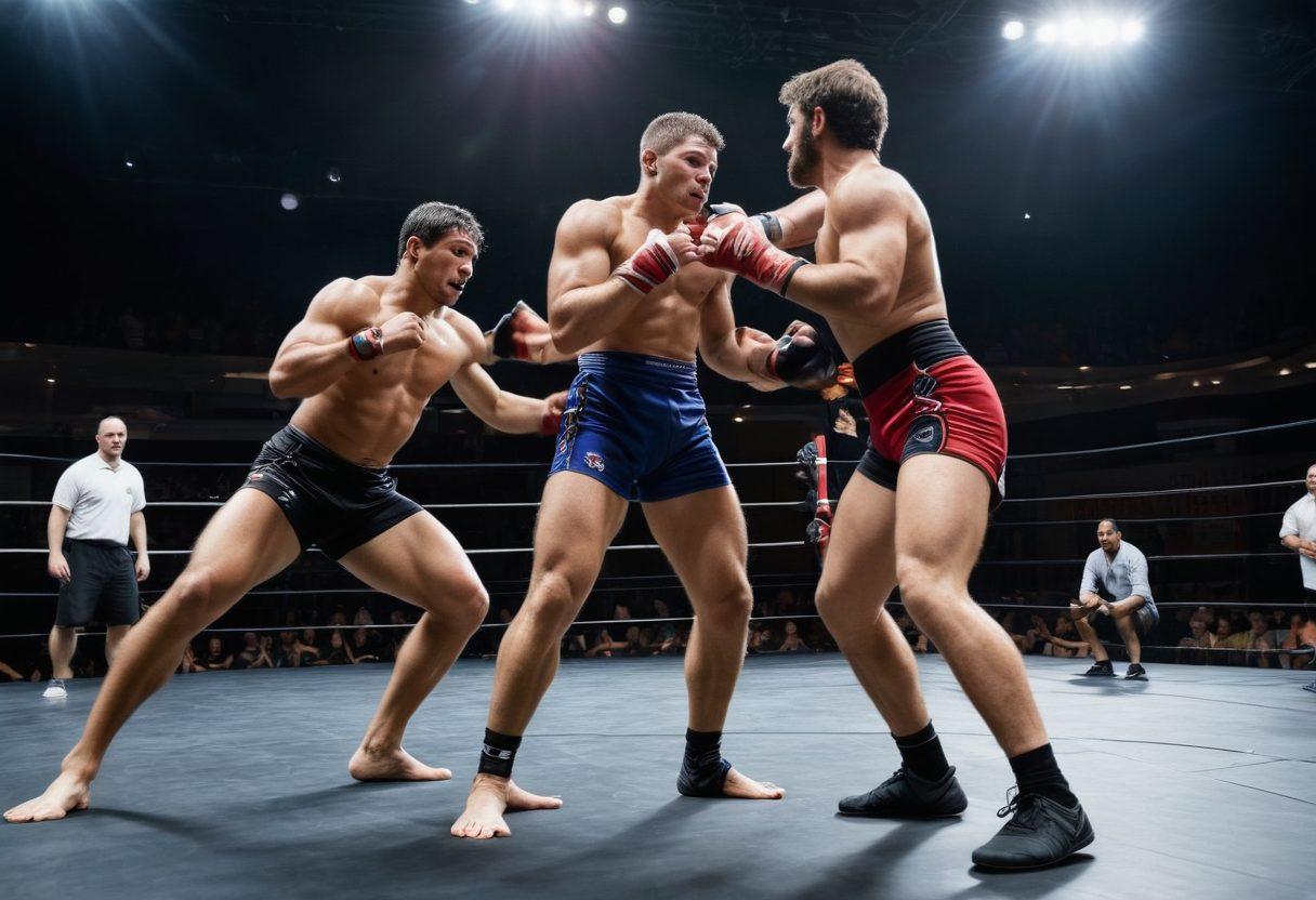 A dynamic wrestling scene featuring a diverse group of wrestlers in a training ring, showcasing various grappling techniques. Include a blend of enthusiastic spectators and a coach giving tips from the sidelines, all under bright gym lights. The athletes should represent different styles, expressing determination and athleticism. Capture a sense of action and mentorship, with motivational quotes subtly integrated into the background. super-realistic. vibrant colors. action-packed.