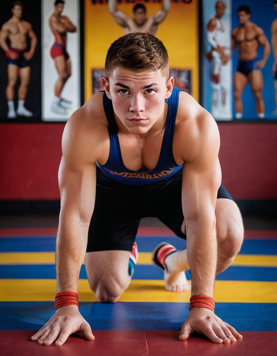 A dynamic scene depicting a young wrestler practicing on a mat, showing a close-up of their focused expression and powerful stance, with a coach nearby giving tips. The background features a wrestling gym with colorful mats and inspiring posters of wrestling legends. Capture the energy and movement, emphasizing the bond between the coach and the wrestler. vibrant colors. super-realistic.